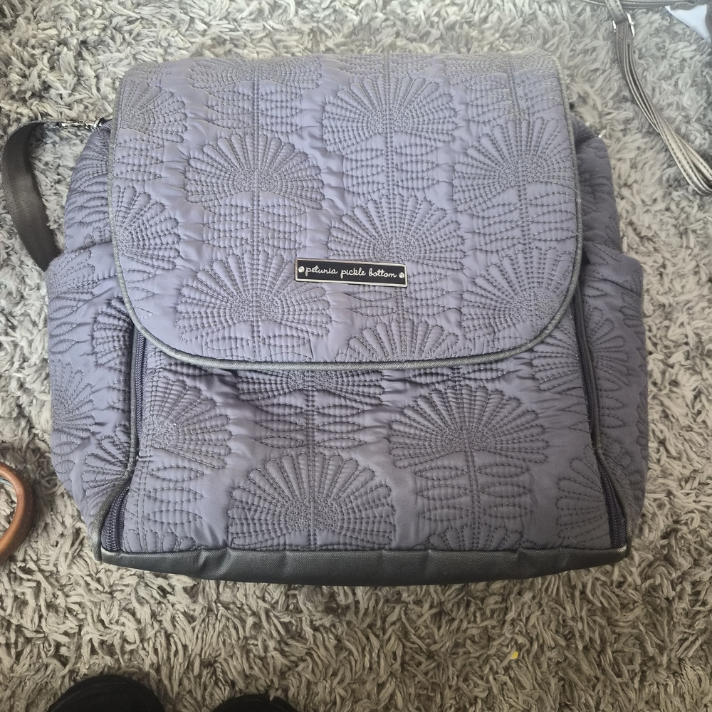Petunia Pickle Bottom Boxy Backpack Gray Quilted Diaper Bag